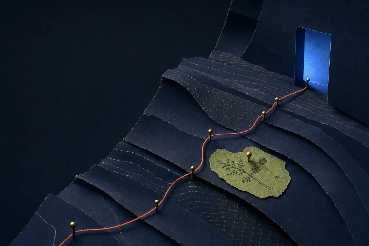 A coral survey route crossing layered midnight paper and entering a blue doorway, representing a bounded path through source code